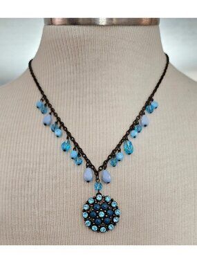 VJ Blue Lucite Glass Dangle Chain Necklace Round Rhinestone Pendant J649